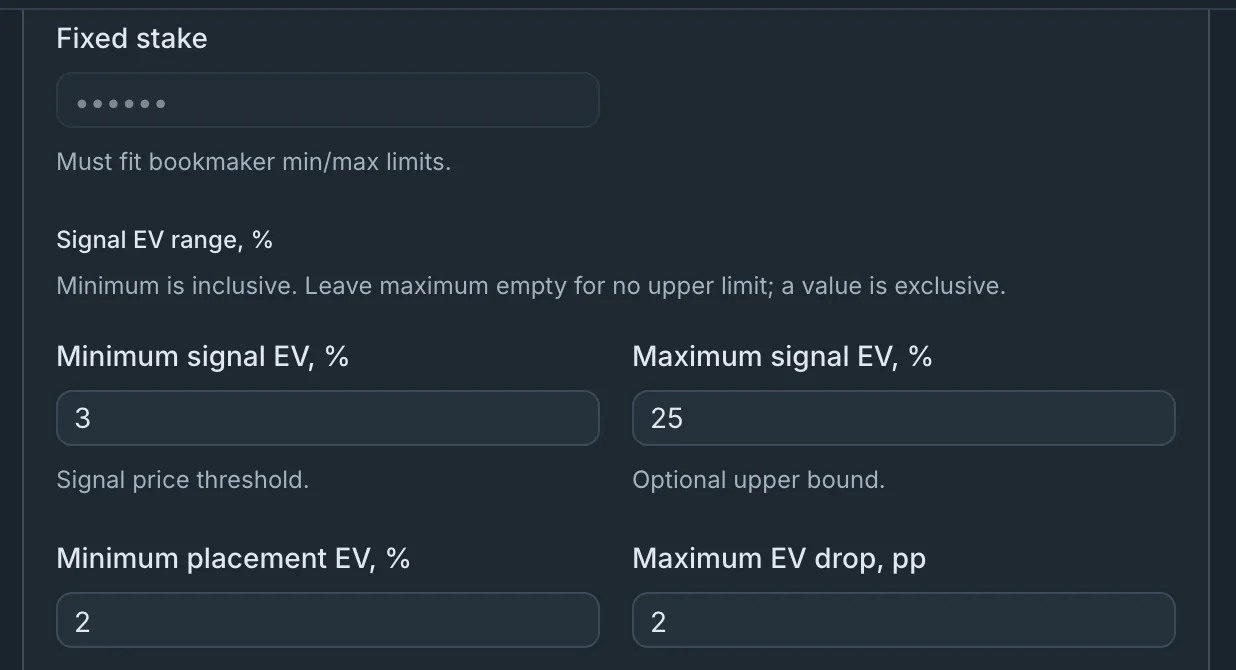 Strategy settings with a masked fixed stake, signal EV range, minimum placement EV and maximum EV drop